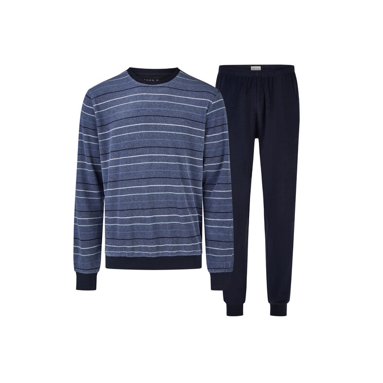 Phil & Co Phil & Co Heren Winter Pyjama Set Lang Badstof Donkerblauw Gestreept