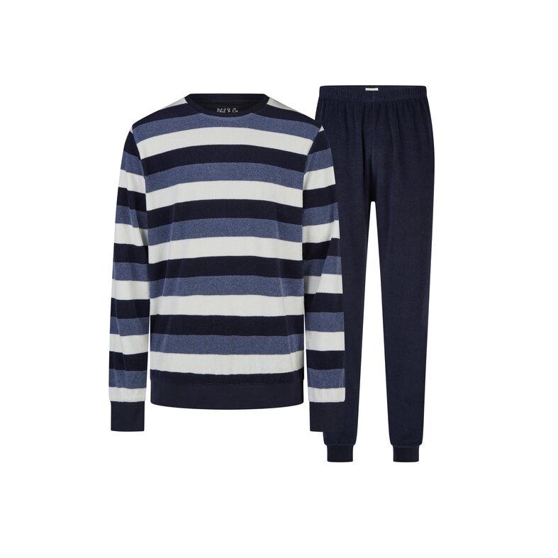Phil & Co Phil & Co Heren Winter Pyjama Set Lang Badstof Donkerblauw/Wit Gestreept
