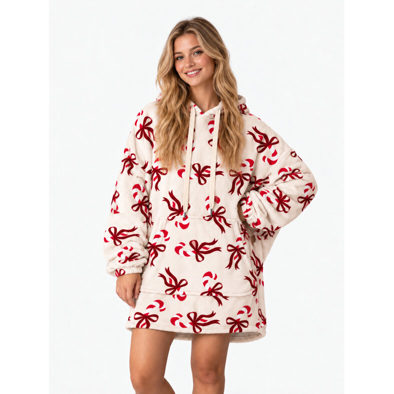 Apollo Women's Huggle Fleece Hoodie Loungewear with Hood Off-White Christmas Candy Canes & Bows