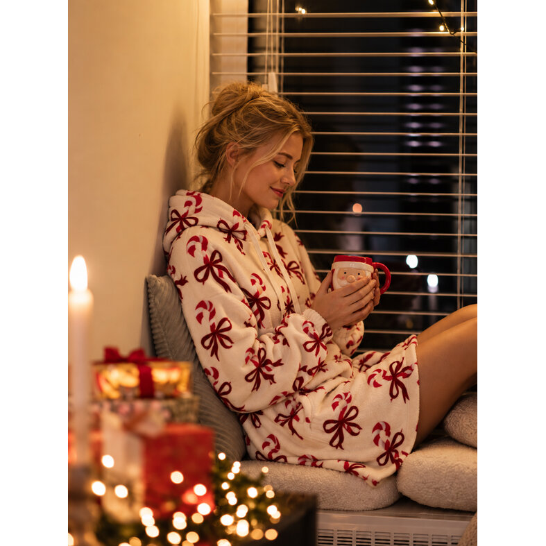 Apollo Women's Huggle Fleece Hoodie Loungewear with Hood Off-White Christmas Candy Canes & Bows