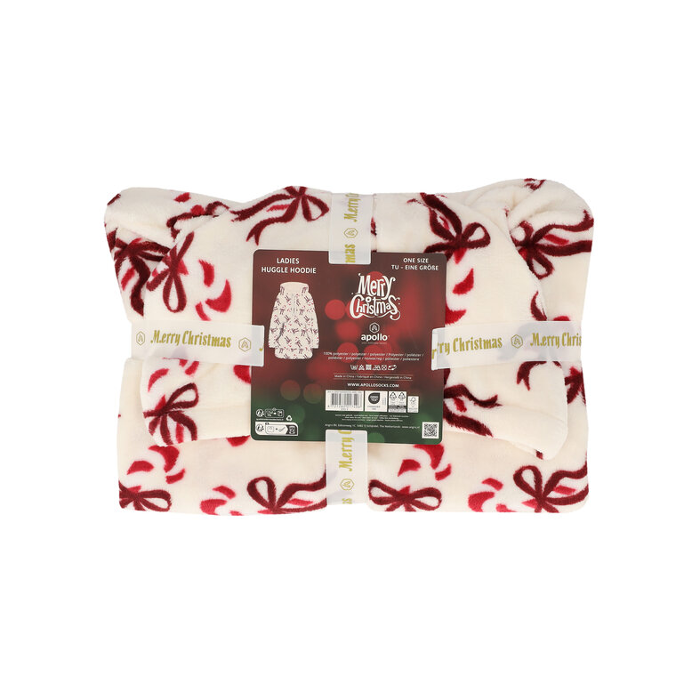 Apollo Women's Huggle Fleece Hoodie Loungewear with Hood Off-White Christmas Candy Canes & Bows