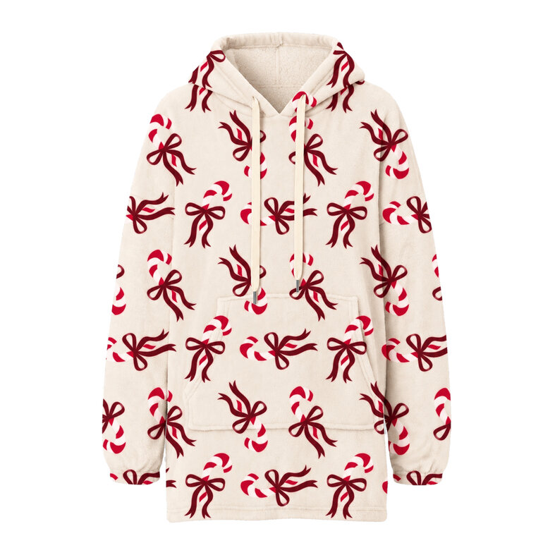 Apollo Women's Huggle Fleece Hoodie Loungewear with Hood Off-White Christmas Candy Canes & Bows