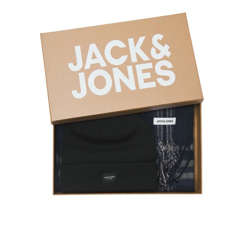 Jack & Jones Jack & Jones Heren Muts + Sjaal Giftbox JACFROST DNA Donkerblauw Geruit/Effen Zwart