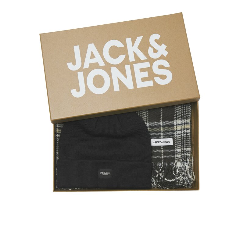 Jack & Jones Jack & Jones Heren Muts + Sjaal Giftbox JACFROST DNA Grijs Geruit/Effen Zwart