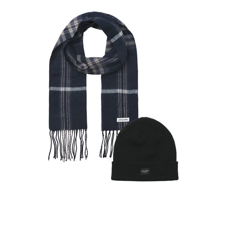 Jack & Jones Jack & Jones Heren Muts + Sjaal Giftbox JACFROST DNA Donkerblauw Geruit/Effen Zwart