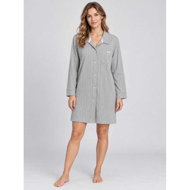 By Louise By Louise Dames Pyjama Nachthemd Lange Mouw Grijs Gestreept