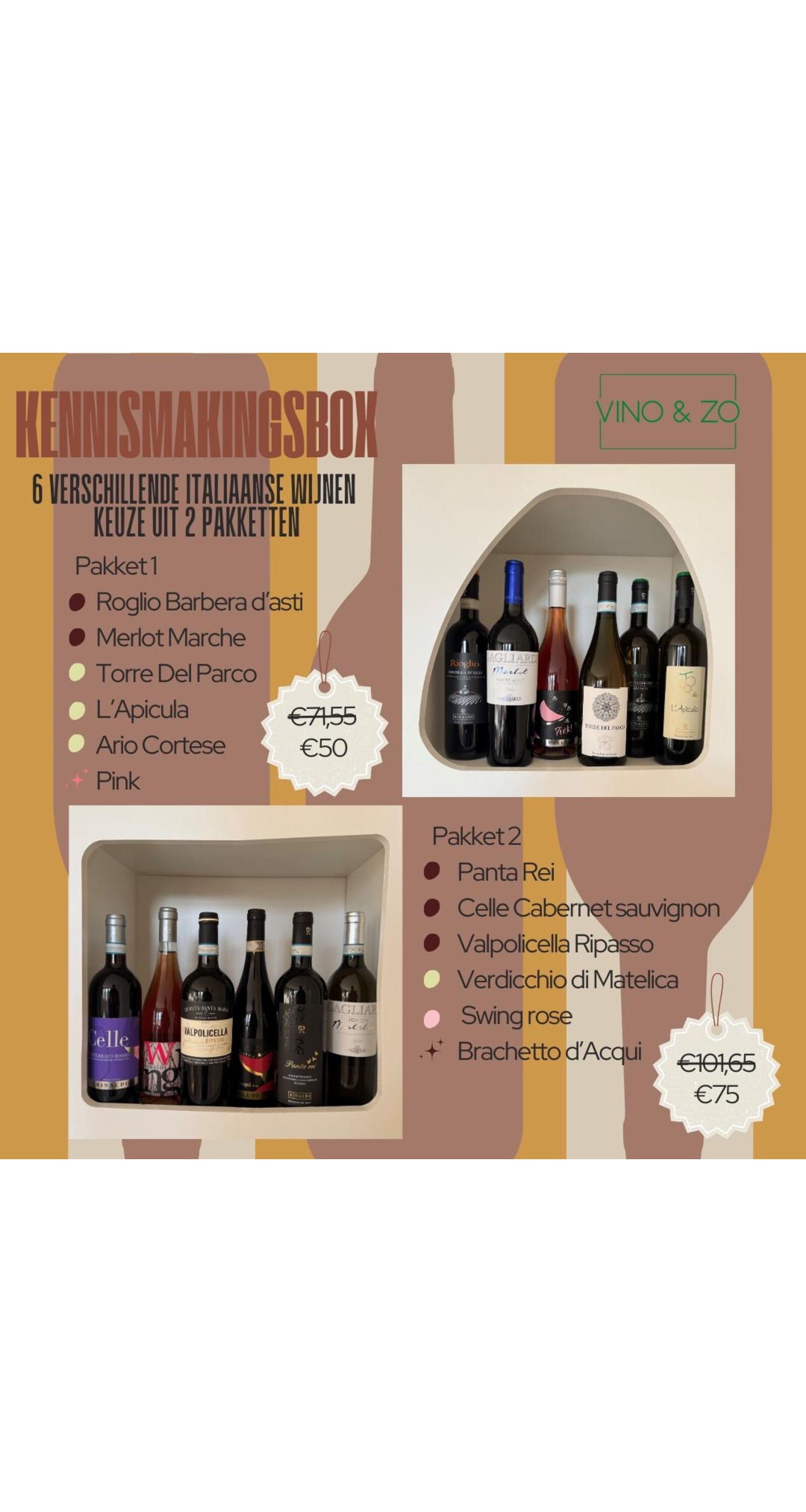 Doos van 6 flessen verschillende wijnen