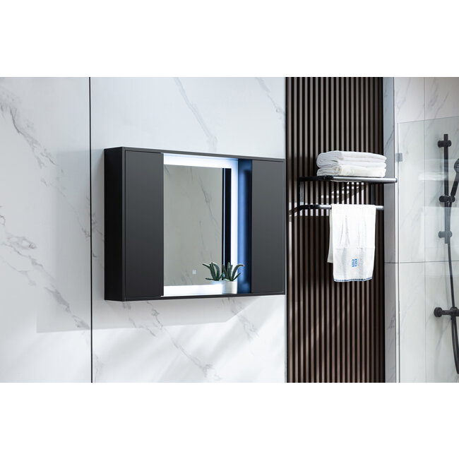 Bella Mirror Armario con espejo negro mate con iluminación LED 120 (ancho) x 70 cm (alto)