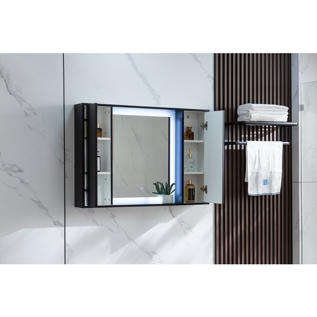 Bella Mirror Armario con espejo negro mate con iluminación LED 120 (ancho) x 70 cm (alto)