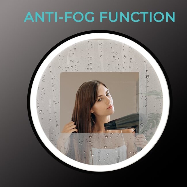 Bella Mirror Espejo redondo de 80 cm con marco negro, iluminación LED y anti-condensación