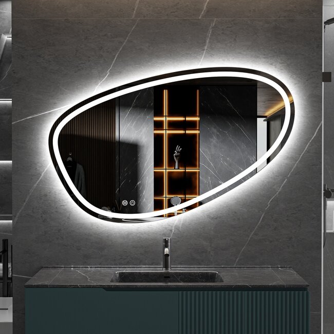 Quality Heating Espejo asimétrico con iluminación LED empotrada y anticondensación de 120 cm de ancho y 75 cm de alto