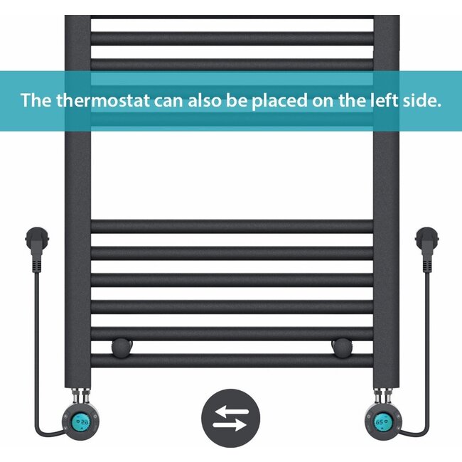 Quality Heating Radiador Eléctrico para Toallas con Termostato Digital - Radiador de Baño - 1200 × 500 mm - Negro Mate - 500 Watt