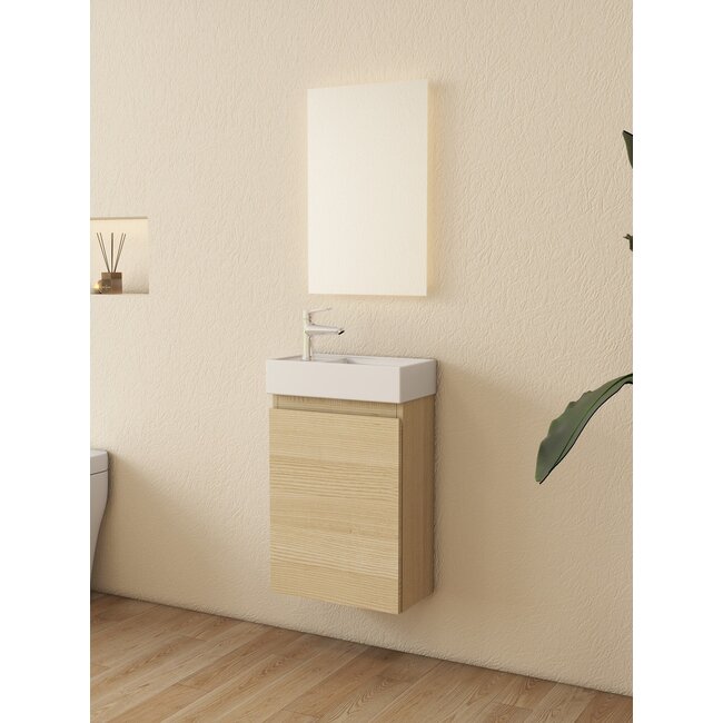 Nurion Mueble de baño Nurion Mees: lavabo blanco brillante y armario de madera clara, 41 x 22,5 x 65 cm.