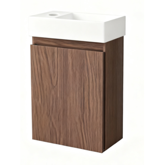 Nurion Mueble de baño Nurion Finn: lavabo blanco brillante y armario de madera oscura, 41 x 22,5 x 65 cm.