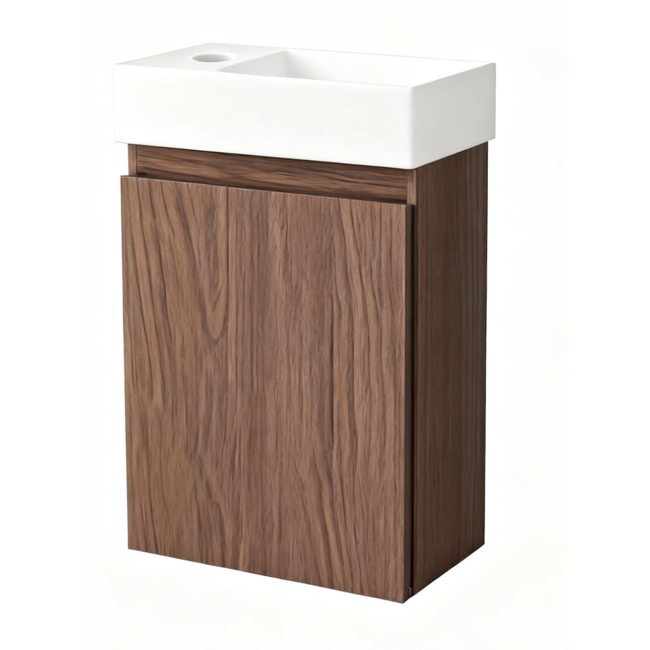Nurion Mueble de baño Nurion Finn: lavabo blanco brillante y armario de madera oscura, 41 x 22,5 x 65 cm.