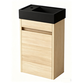 Nurion Mueble de baño Nurion Sam - lavabo negro mate y armario de madera clara - 41 x 22,5 x 65 cm