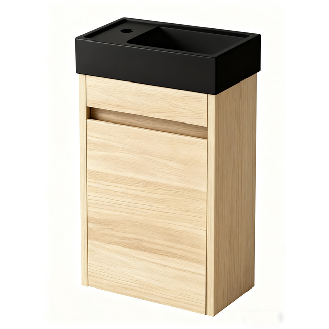 Nurion Mueble de baño Nurion Sam - lavabo negro mate y armario de madera clara - 41 x 22,5 x 65 cm