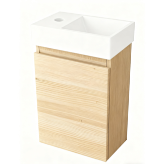 Nurion Mueble de baño Nurion Mees: lavabo blanco brillante y armario de madera clara, 41 x 22,5 x 65 cm.