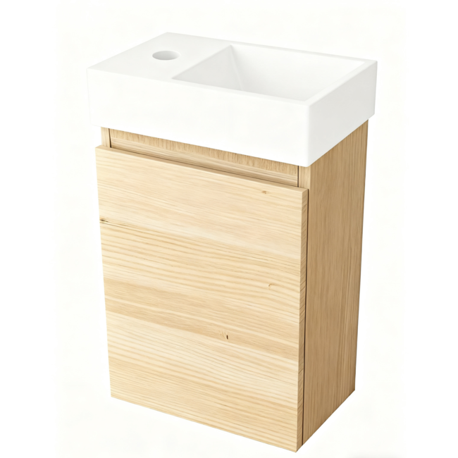 Nurion Mueble de baño Nurion Mees: lavabo blanco brillante y armario de madera clara, 41 x 22,5 x 65 cm.