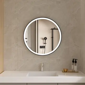 Bella Mirror Espejo redondo de 60 cm marco negro con iluminación LED, anti-vaho y Wi-Fi