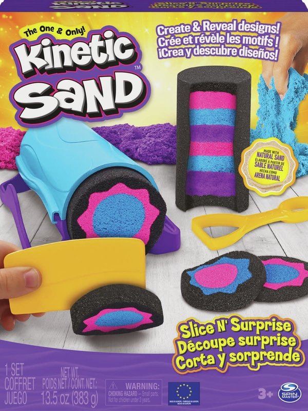 Kinetic Sand - Slice N' Surprise-set met 383 g zwart, roze en blauw speelzand en 7 dlg
