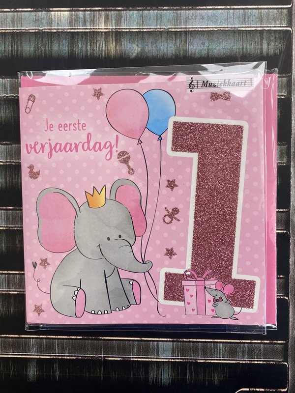 Depesche Leeftijdskaart met muziek eerste verjaardag olifant roze
