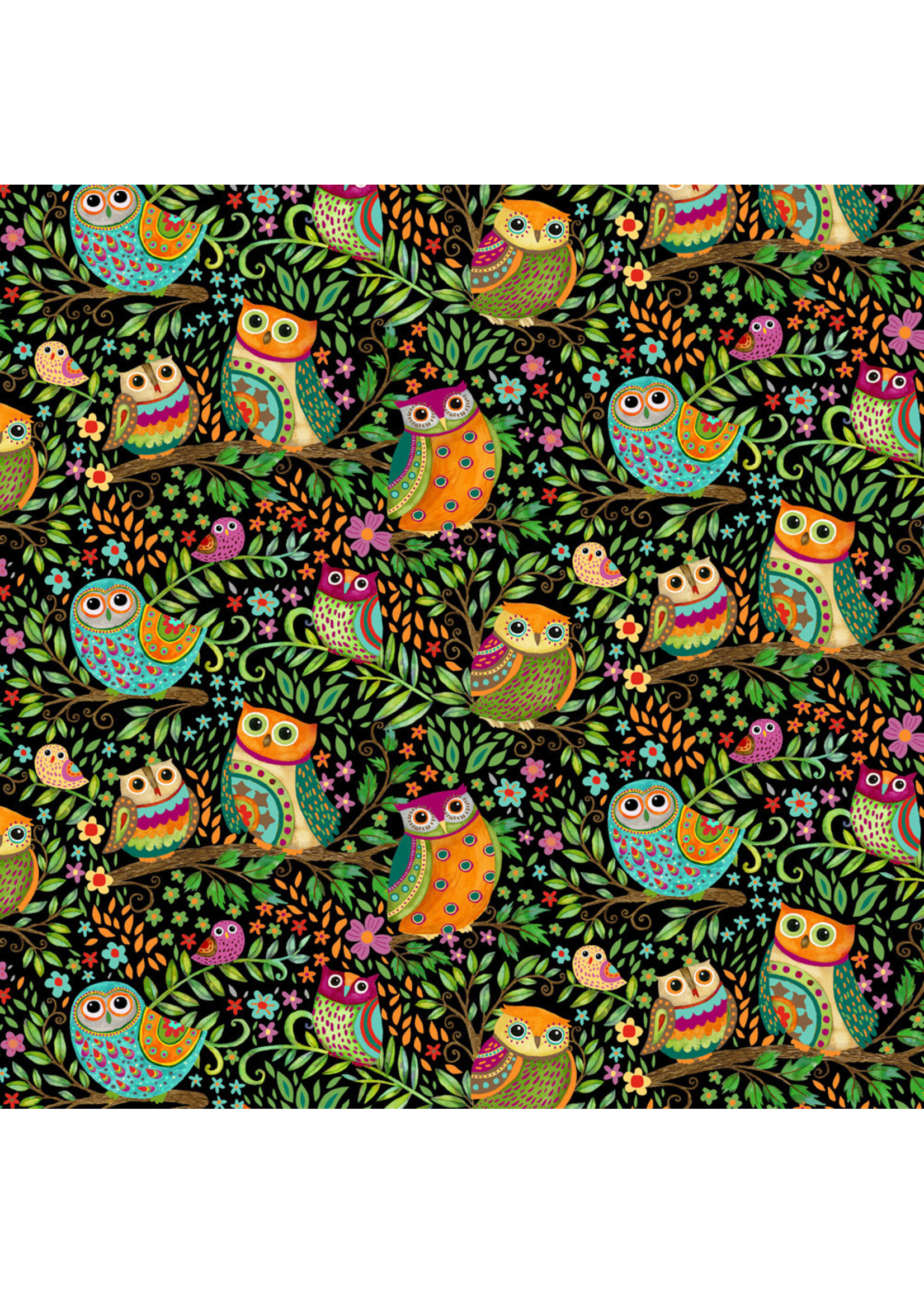 Henry Glass Fabrics Spring Awakens Op Zwart Uilen