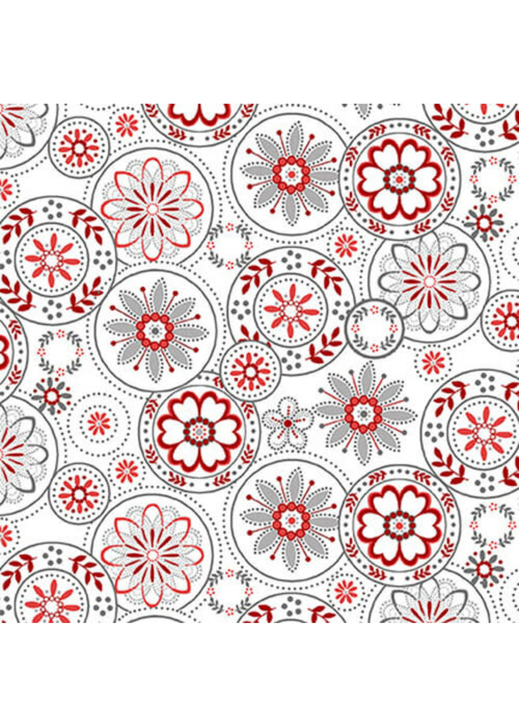 Henry Glass Fabrics Scarlet Stitches - Color Principle - Medallions - White - Red