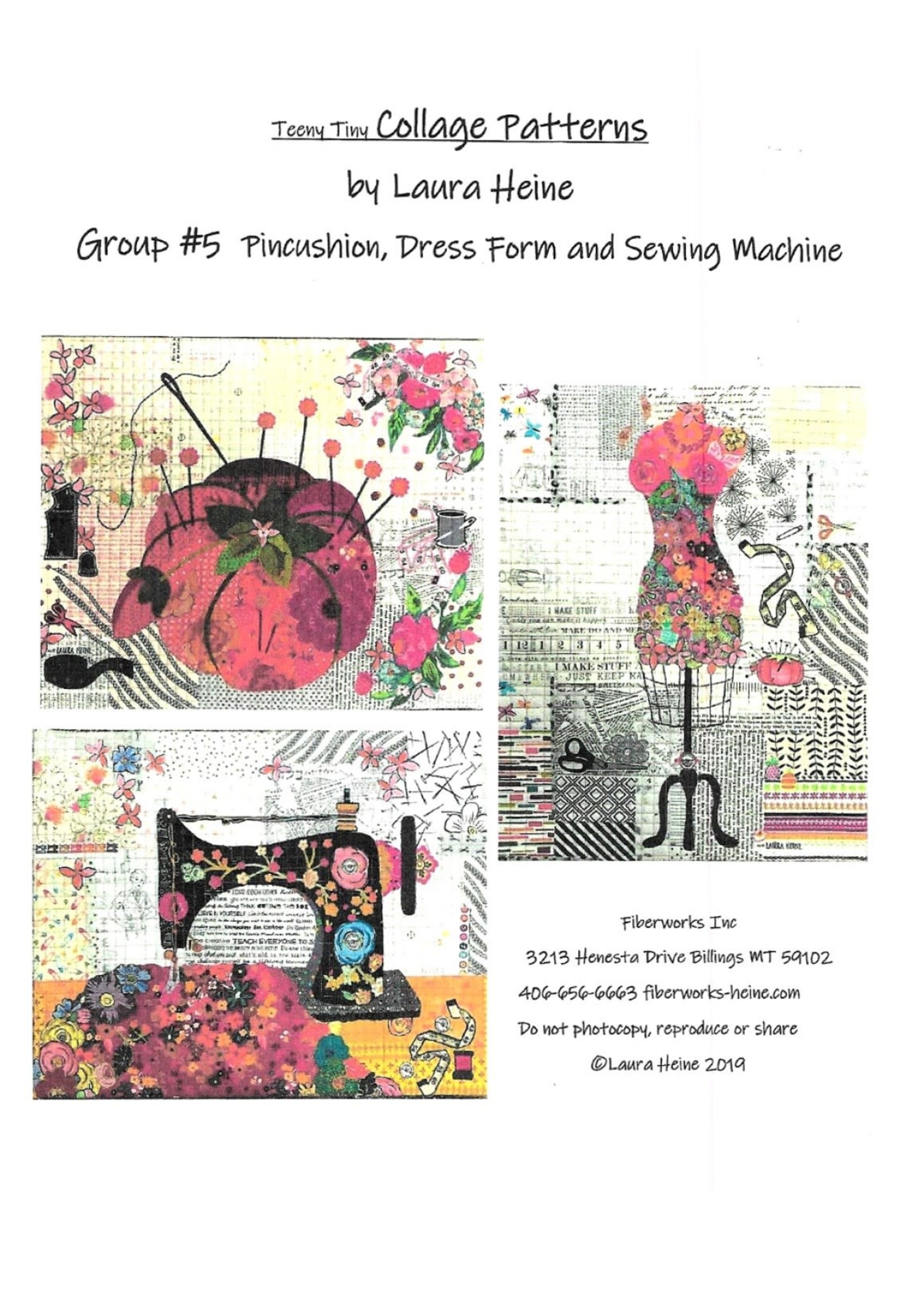 Laura Heine Patroon Collage - 3 Teeny Tiny Patterns - Pincushion, Dress Form, Sewing Machine