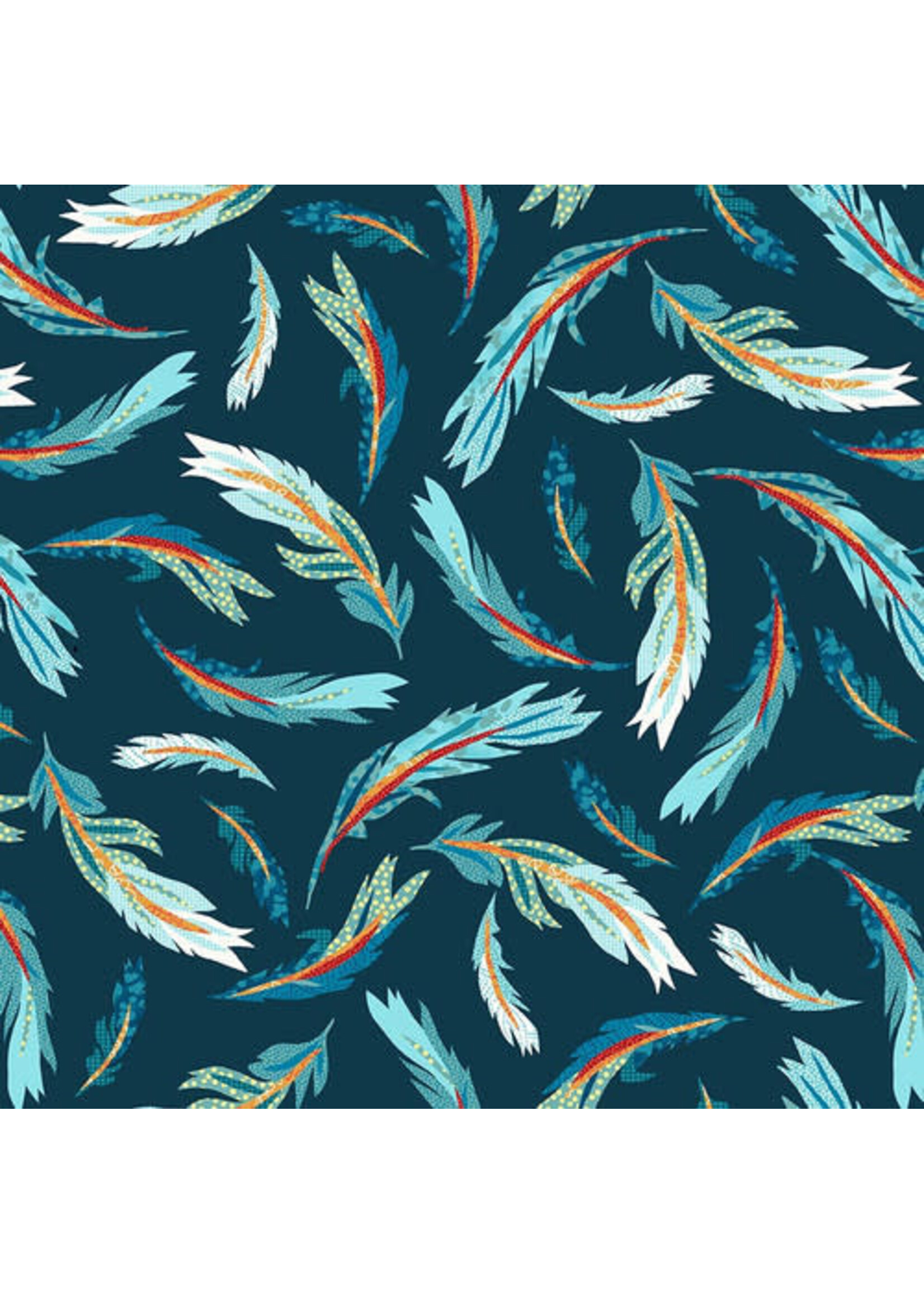 Studio E Fabrics Zooming Chickens - Tossed Feathers - Teal-Red - 189