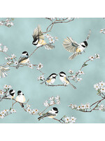 Hoffman Fabrics A Little Birdie Told Me - Vogels en Bloesem - Licht Blauw