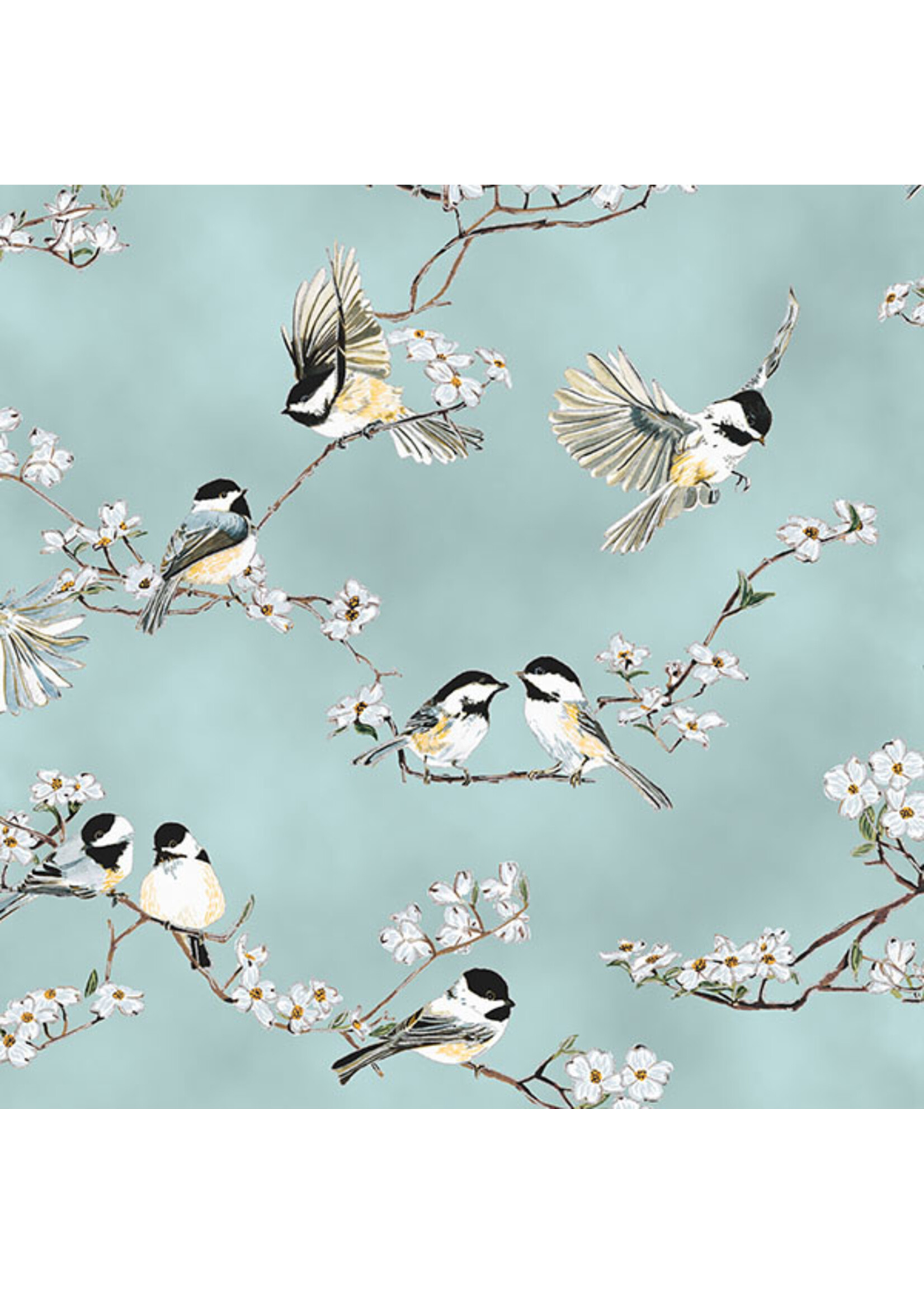 Hoffman Fabrics A Little Birdie Told Me - Vogels en Bloesem - Licht Blauw