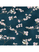 Hoffman Fabrics A Little Birdie Told Me - Vogels en Bloesem - Marine Blauw - Coupon - 90 cm x 110 cm
