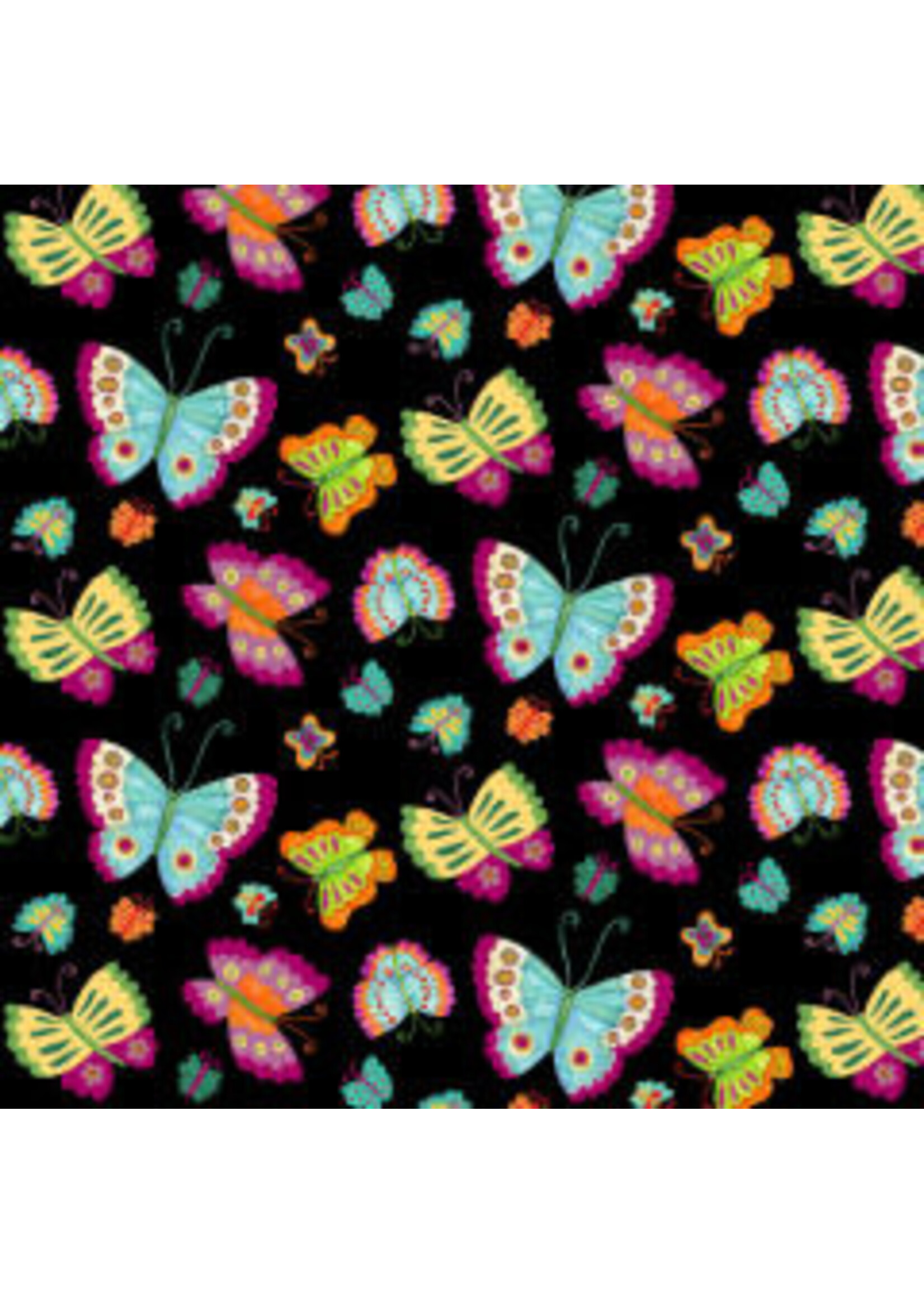 Henry Glass Fabrics Spring Awakens - Op Zwart - Vlinders - Coupon - 95 cm x 110 cm