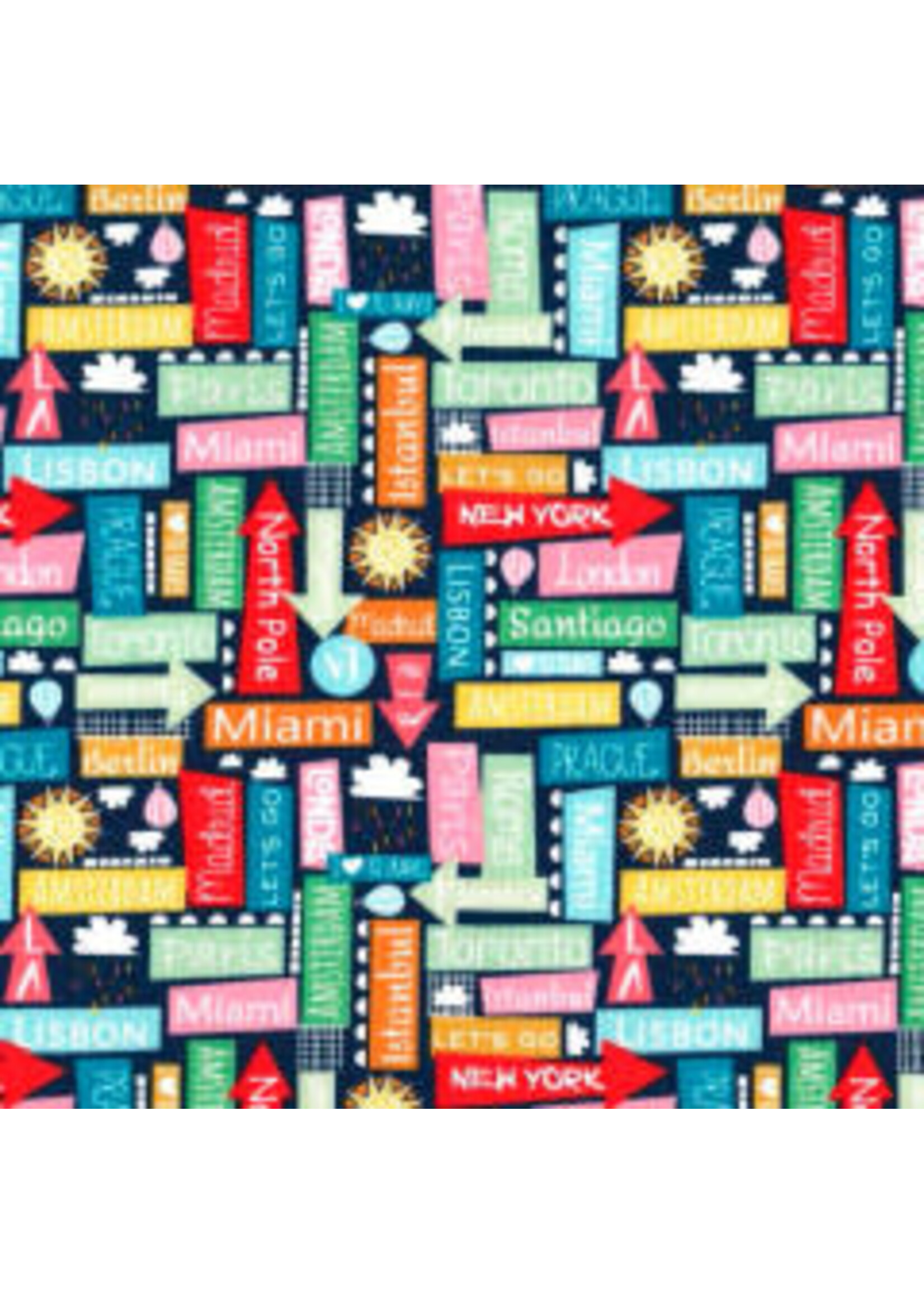 Michael Miller Travel Daze - Many Directions - Nite - Coupon - 90 cm x 110 cm