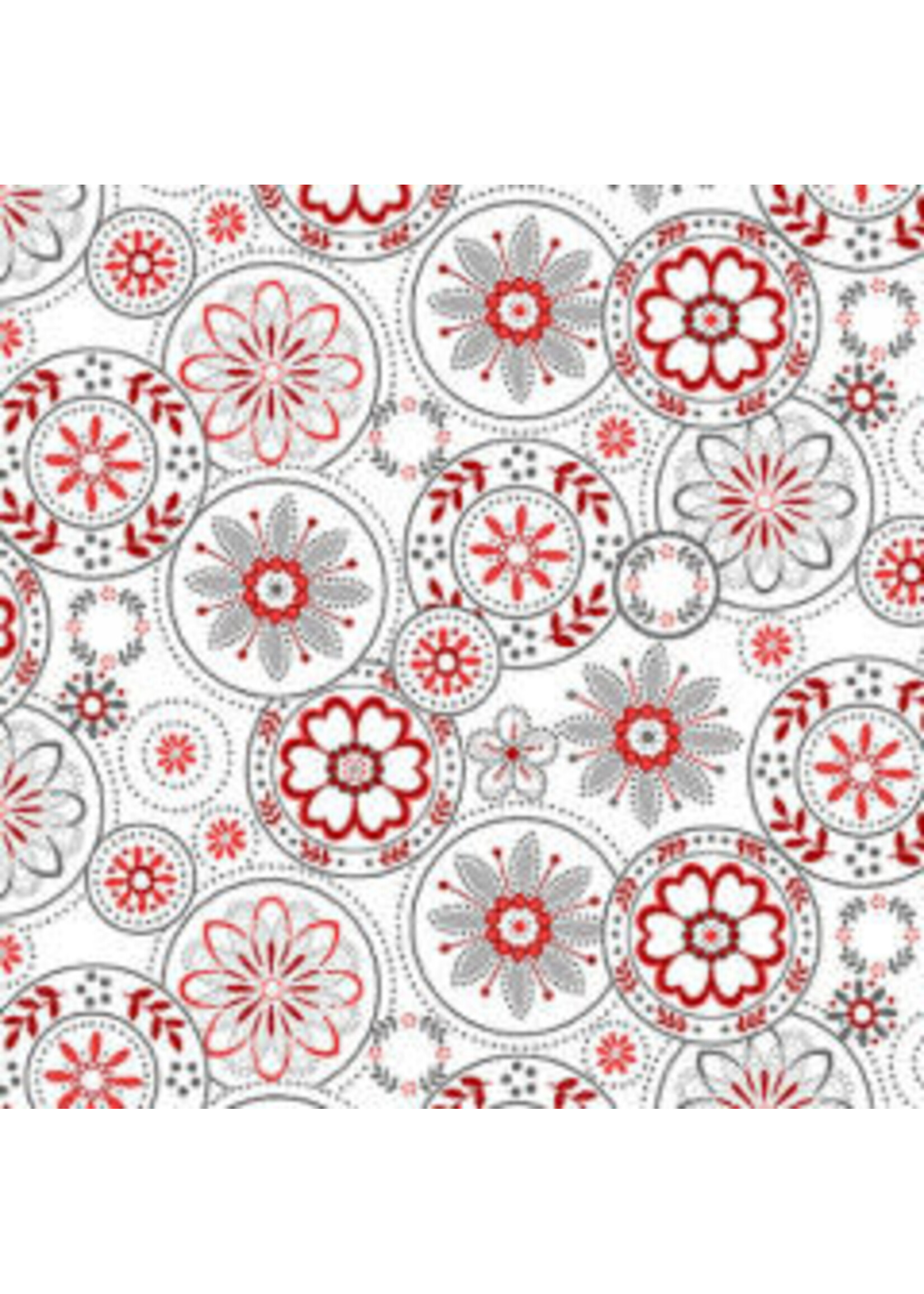 Henry Glass Fabrics Scarlet Stitches - Color Principle - Medallions - White - Red - Coupon - 50 cm x 110 cm