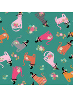 Poppie Cotton Kitty Loves Candy - Cats In Hats - Teal - Coupon - 100 cm x 110 cm