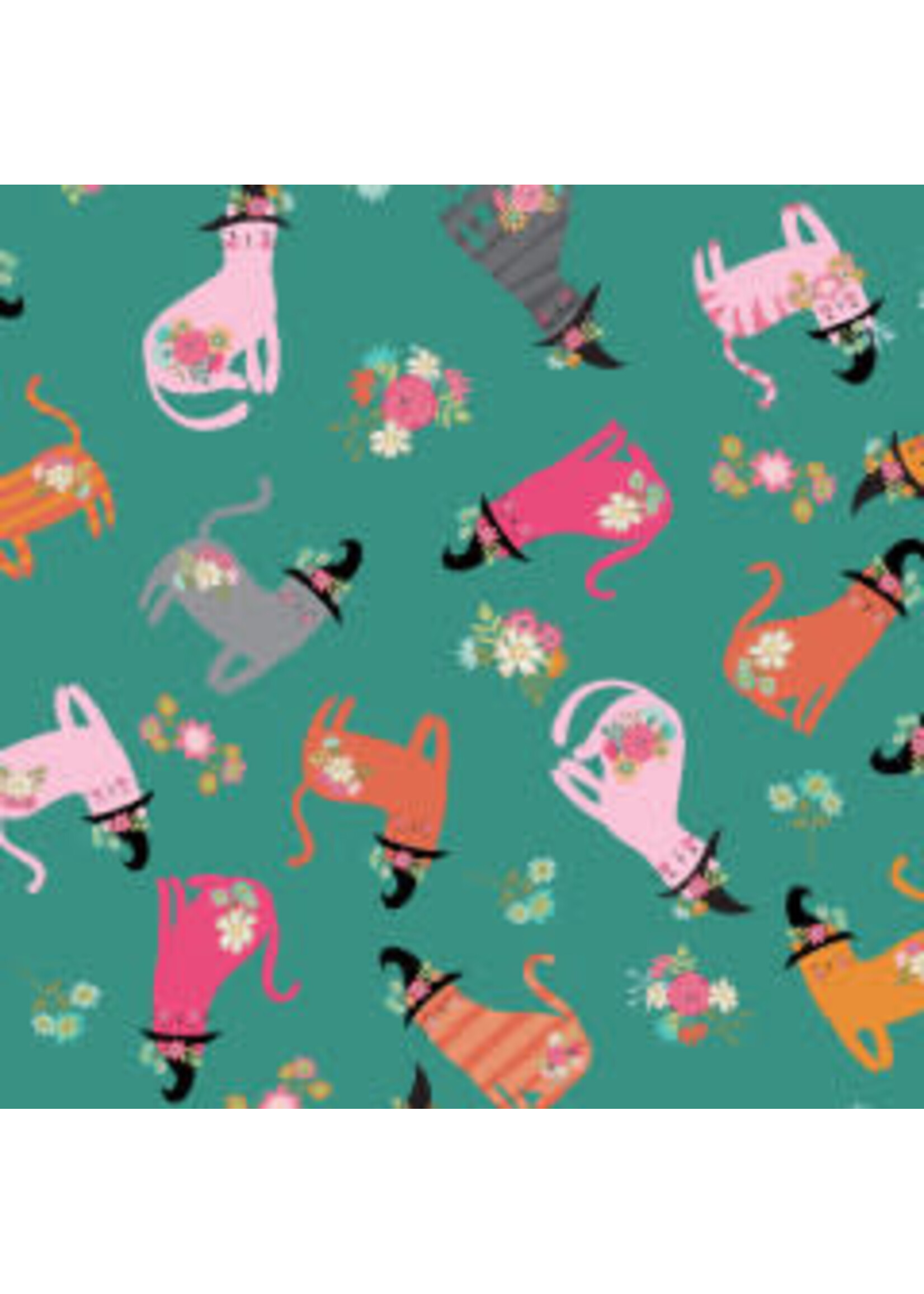 Poppie Cotton Kitty Loves Candy - Cats In Hats - Teal - Coupon - 100 cm x 110 cm