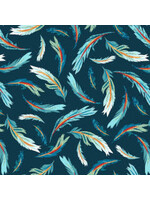 Studio E Fabrics Zooming Chickens - Tossed Feathers - Teal-Red - Coupon - 100 cm x 110 cm