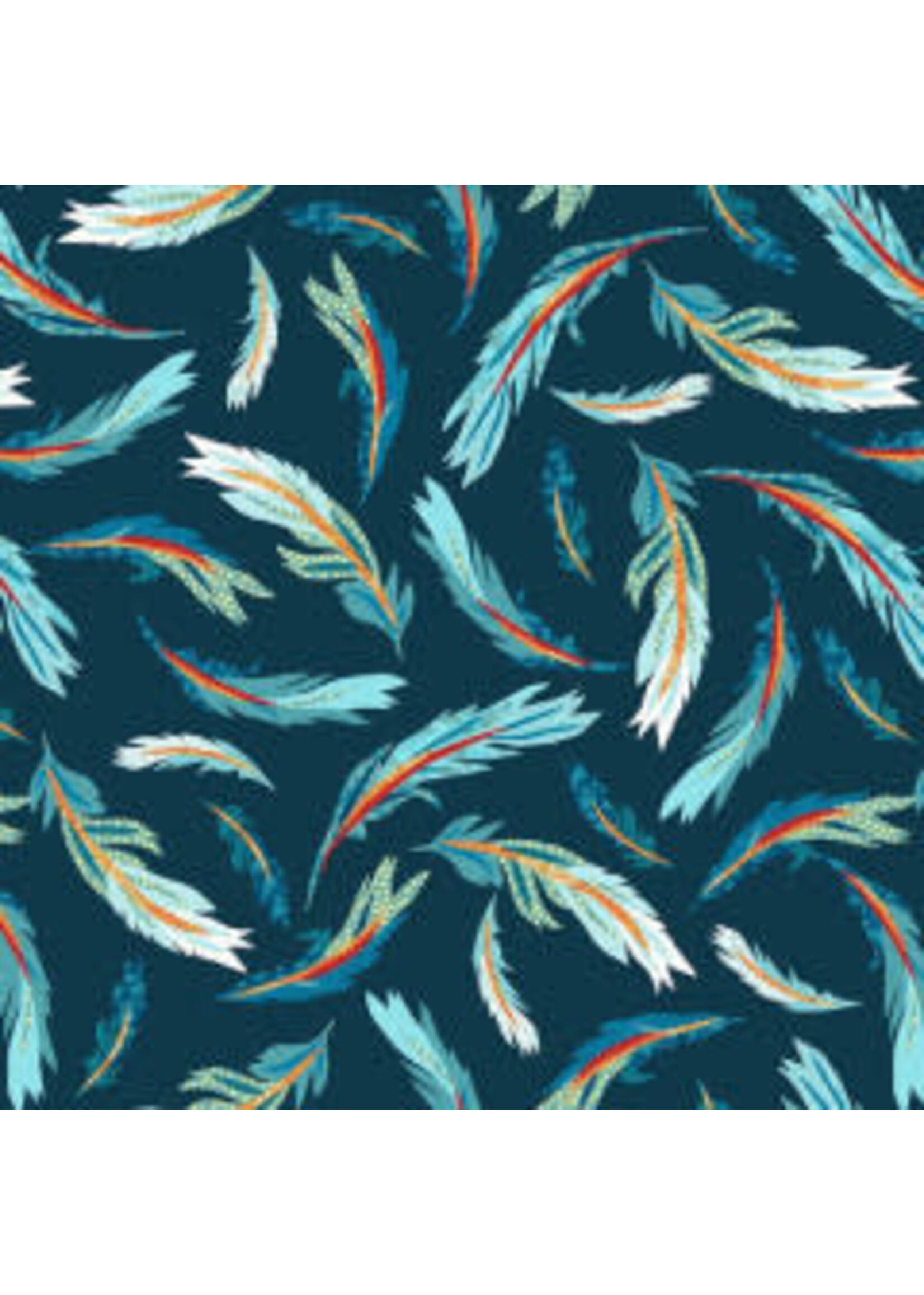 Studio E Fabrics Zooming Chickens - Tossed Feathers - Teal-Red - Coupon - 100 cm x 110 cm