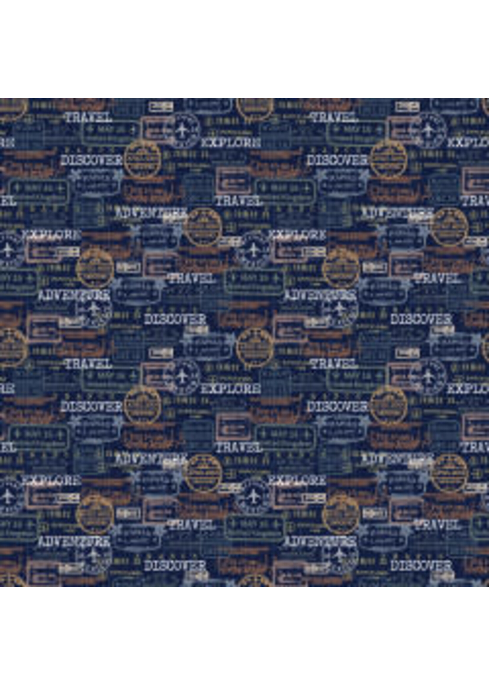 Windham Fabrics Discover - Passport Stamps - Navy - Coupon - 100 cm x 110 cm