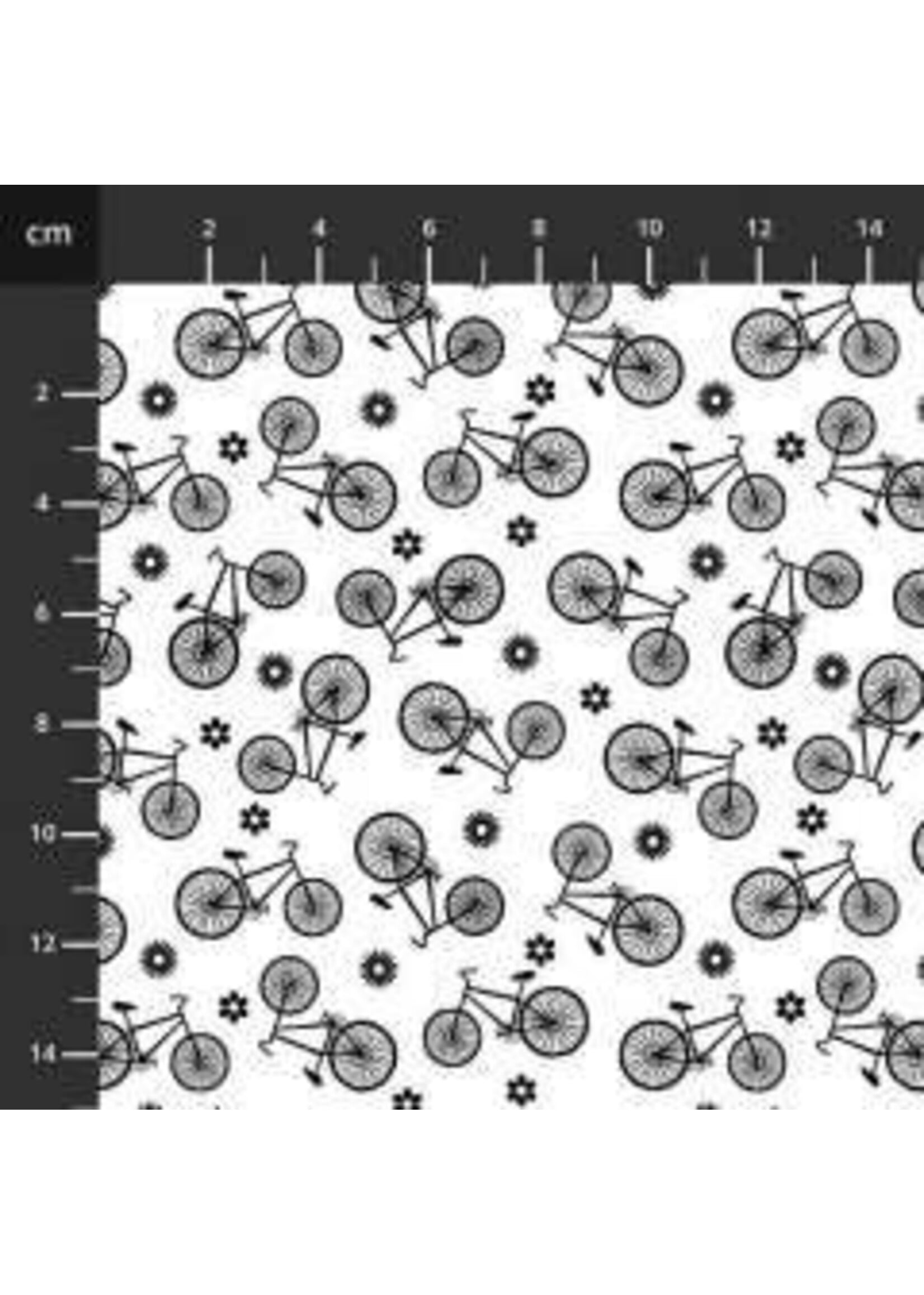 Stof Fabrics Paradox - Fiets - Wit-Zwart - Coupon - 70 cm x 110 cm