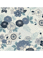 Makower Indigo - Floral Montage - Cream - Coupon - 40 cm x 110 cm