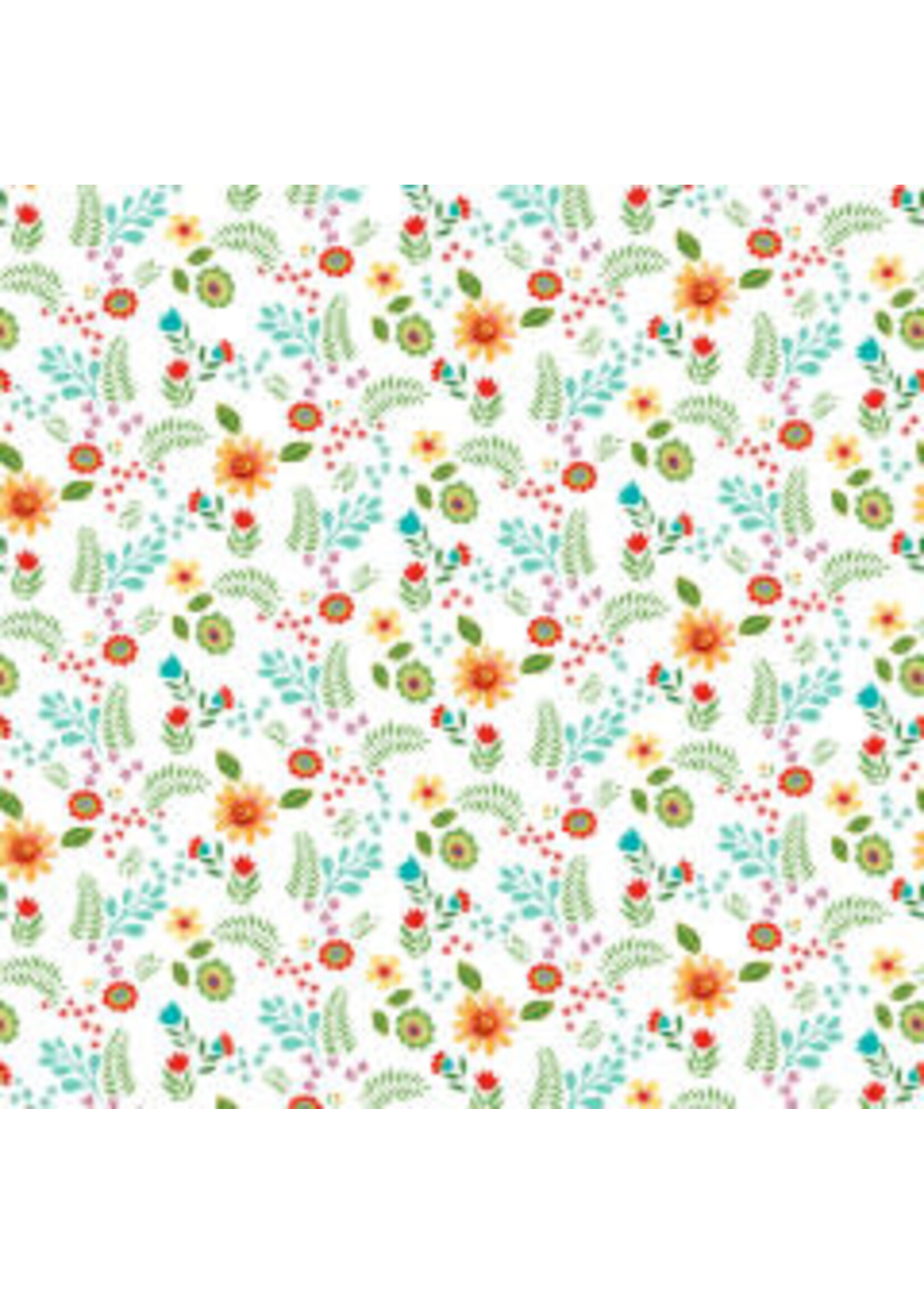 Henry Glass Fabrics Spring Awakens - Op Wit - Bloemen en Planten - Coupon - 40 cm x 110 cm