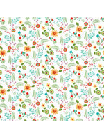 Henry Glass Fabrics Spring Awakens - Op Wit - Bloemen en Planten - Coupon - 100 cm x 110 cm