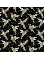 Henry Glass Fabrics Poppy Meadows - Hummingbirds - Black - Coupon - 100 cm x 110 cm