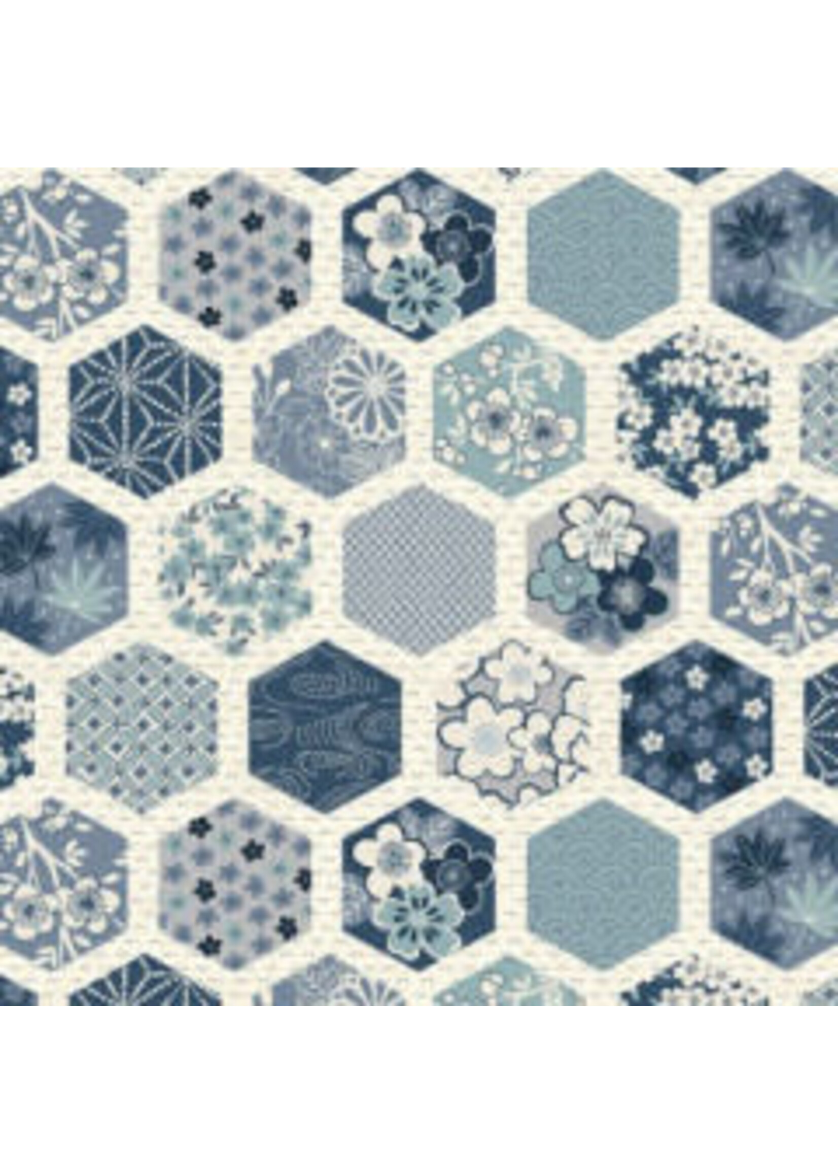 Makower Indigo - Hexagons - Cream - Coupon - 100 cm x 110 cm