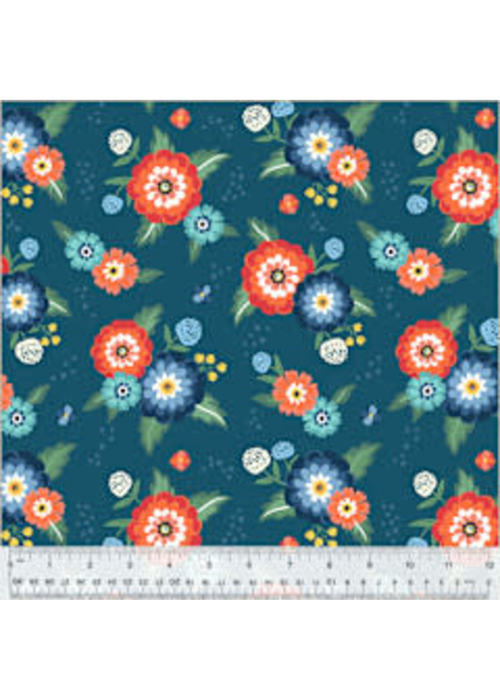 Windham Fabrics Clover & Dot - Dahlia Bouquets - Dark Blue - Coupon - 100 cm x 110 cm