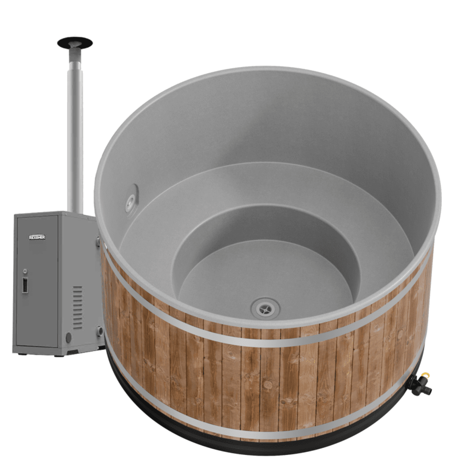 Kirami Kunststof Hottub Breezy Gebeitst Fins Sparrenhout Verwarming op Bio-brandstof ! Zeer zuinig!