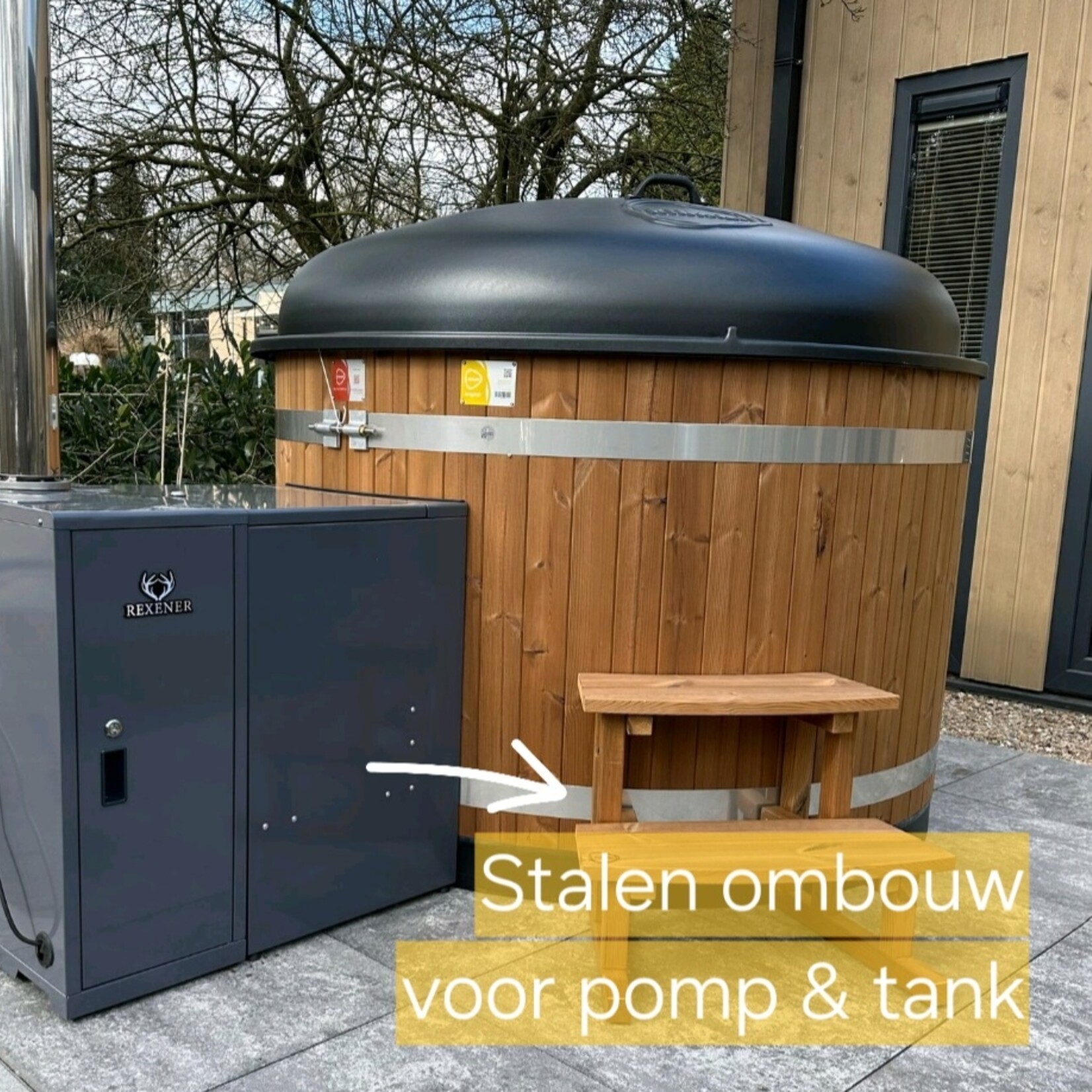Kirami Kunststof Hottub Breezy Gebeitst Fins Sparrenhout Verwarming op Bio-brandstof ! Zeer zuinig!